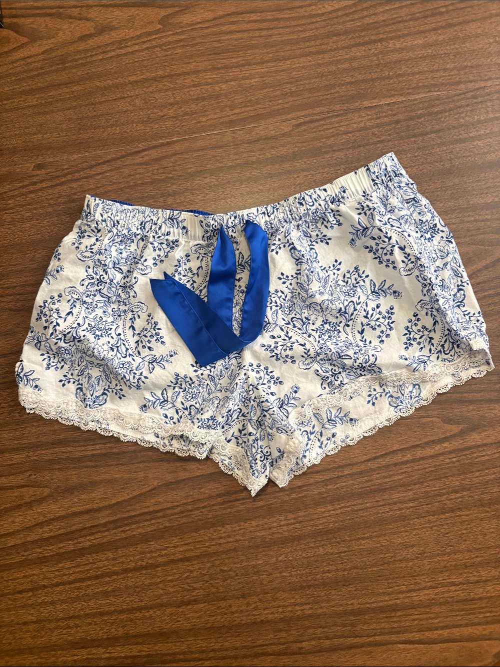 Victoria's Secret Medium White and Blue Floral Lace Trim Pajama Shorts